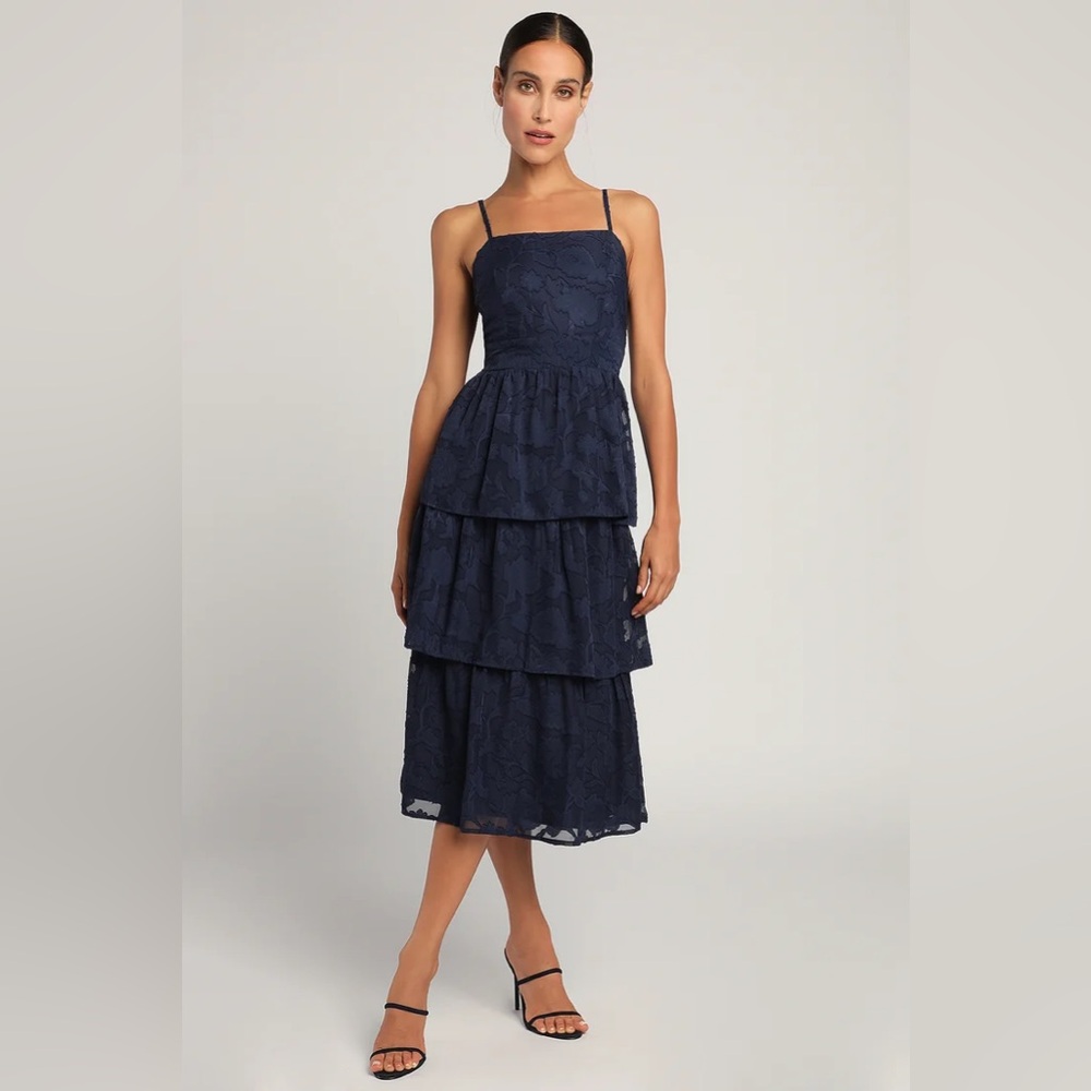 Lulus Grace and Beauty Navy Blue Burnout Floral Print Tiered Dress XS